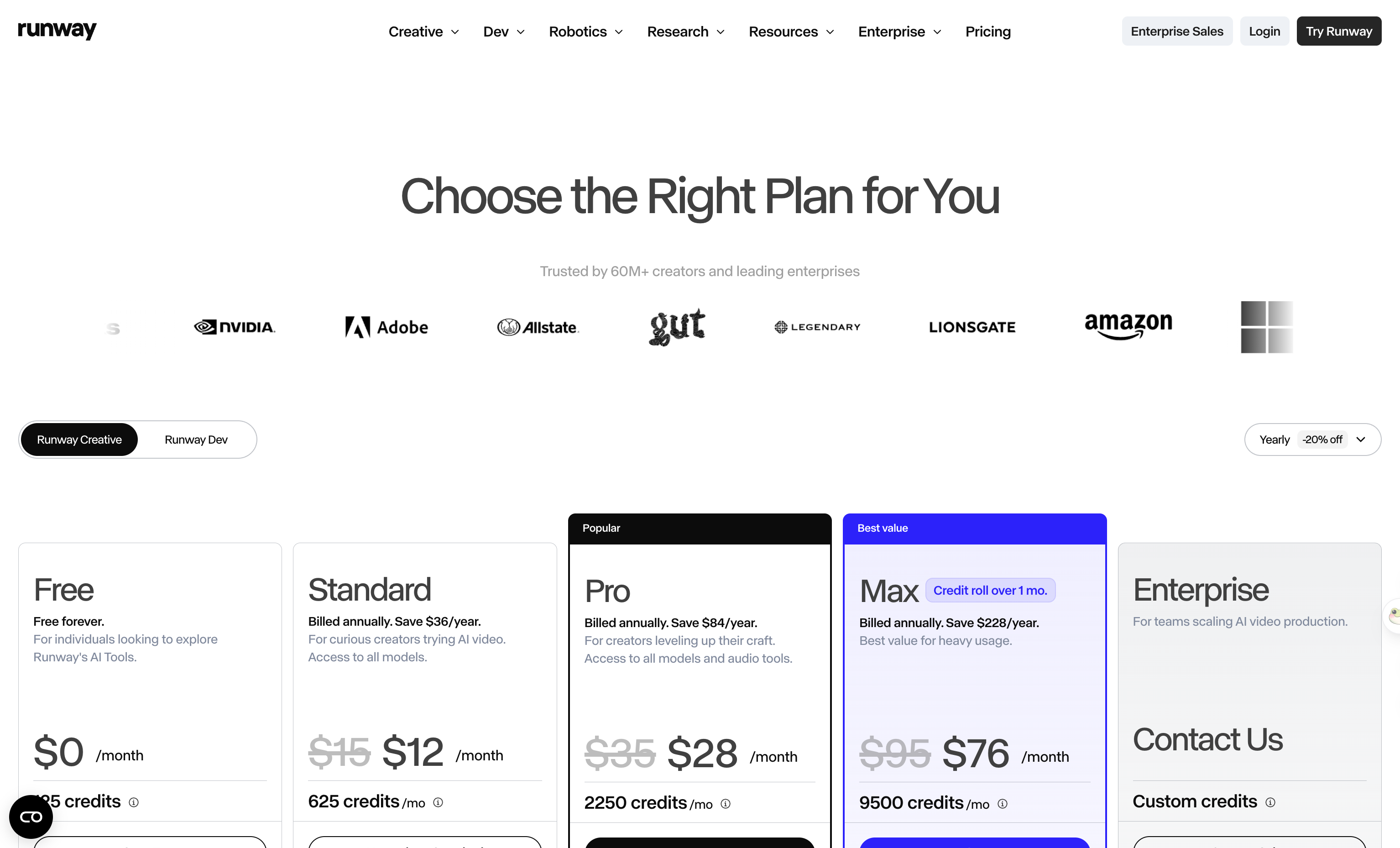 Runway's pricing page showing the Free, Standard, Pro and Max plans with their monthly credit allowances.