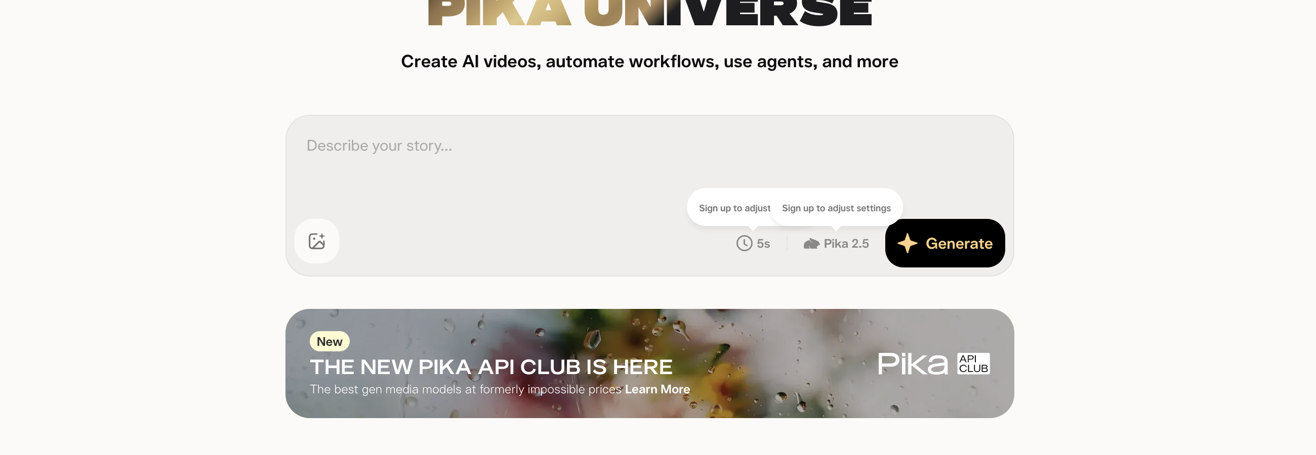 Pika's home page generator with the prompt box reading Describe your story and a tooltip saying Sign up to adjust settings.