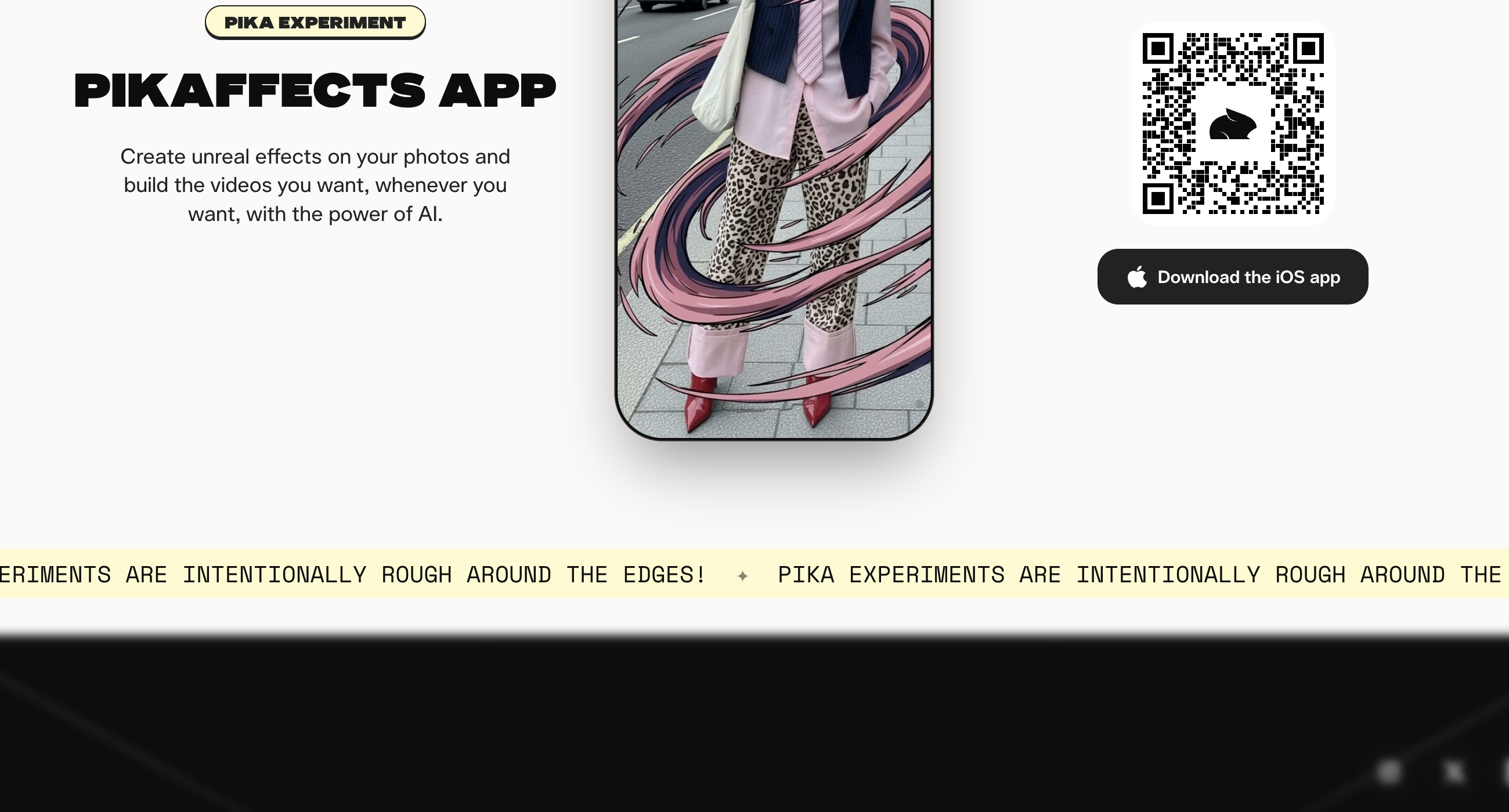 The Pikaffects page on Pika's experiments site, offering an iOS download under a banner saying Pika experiments are intentionally rough around the edges.