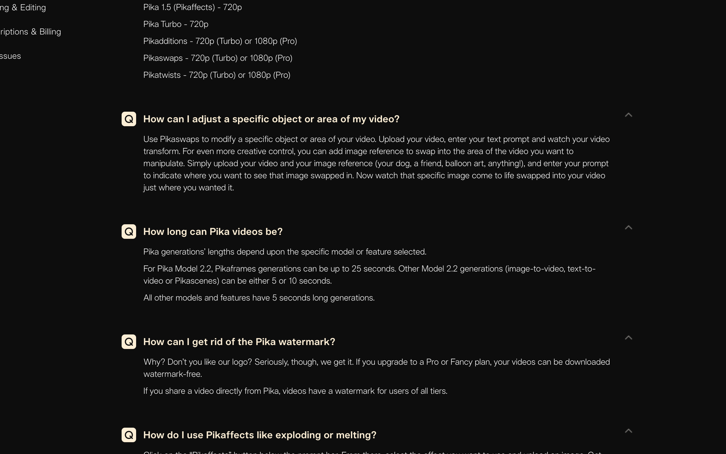 Pika's FAQ answering how long Pika videos can be, saying Pikaframes runs up to 25 seconds and other generations are 5 or 10 seconds.