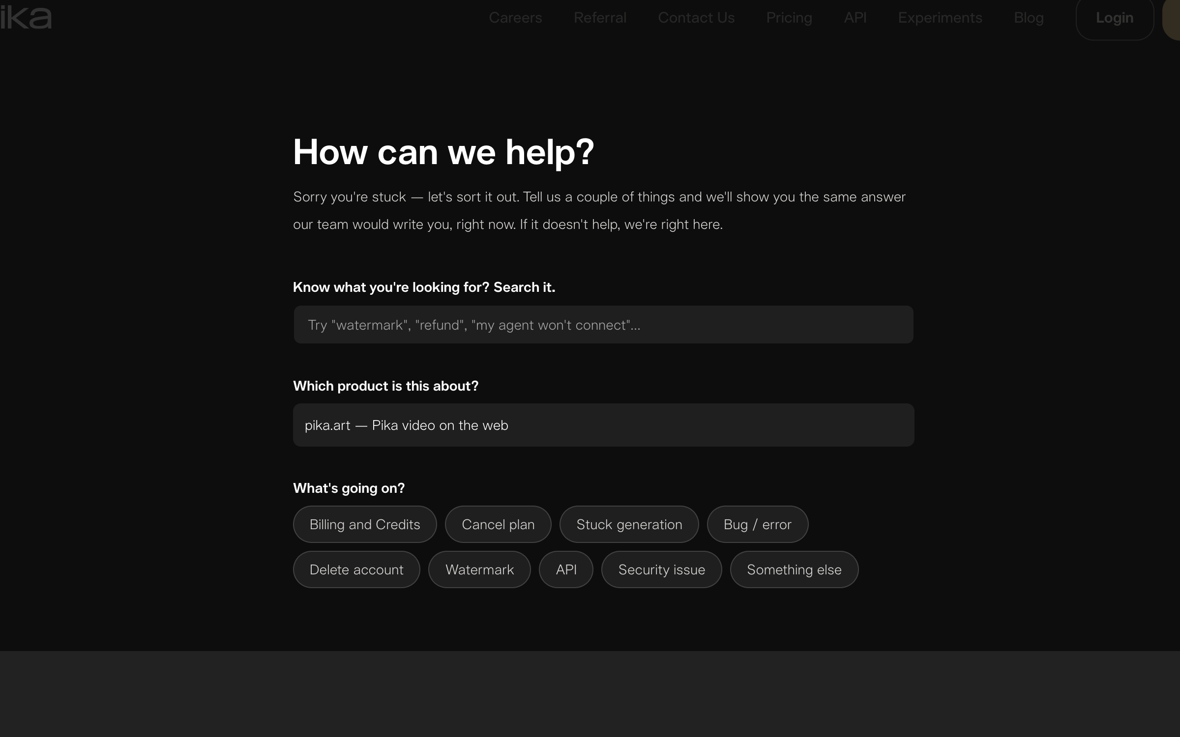 Pika's support page listing its topics: billing and credits, cancel plan, stuck generation, bug or error, delete account, watermark, API and security issue.