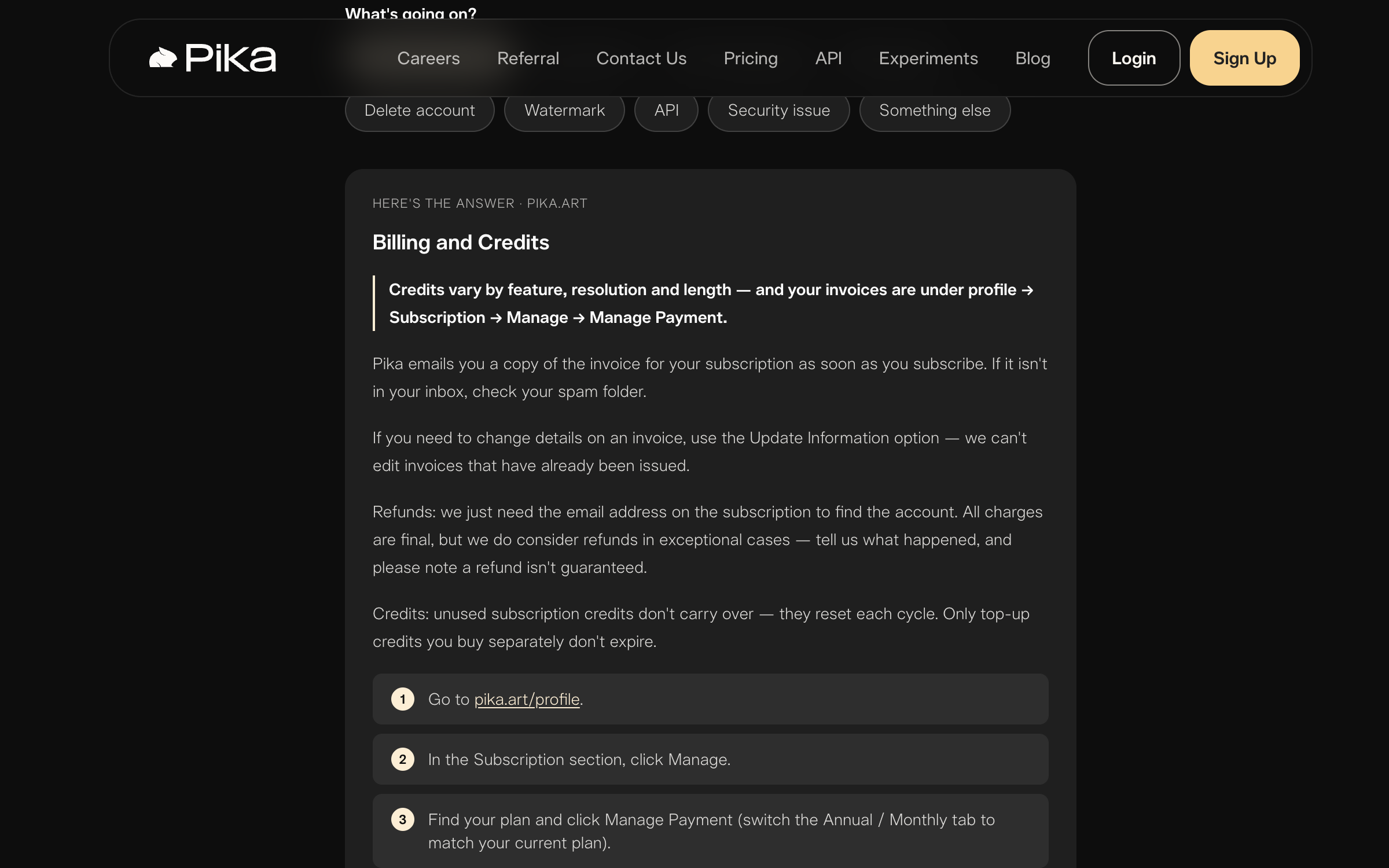 Pika's billing and credits support answer, explaining that a Google sign-in and an Apple sign-in on the same address are two separate accounts.