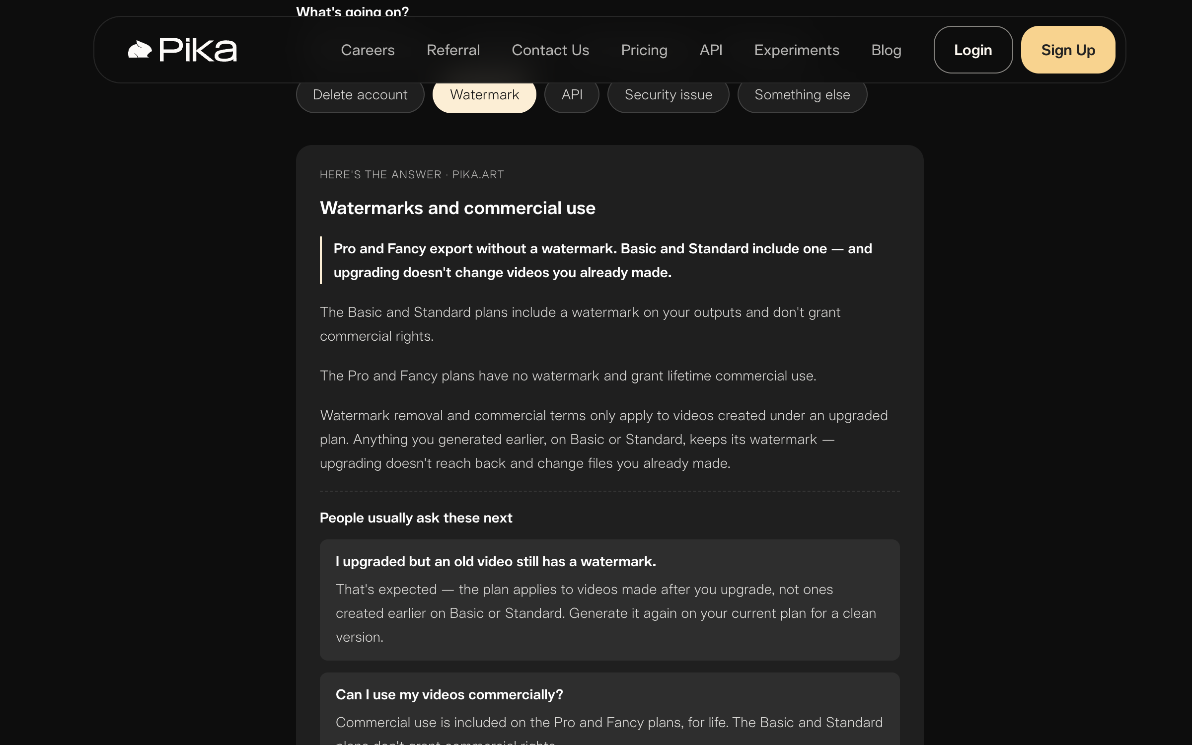 Pika's support answer on watermarks and commercial use, saying Basic and Standard include a watermark and grant no commercial rights.
