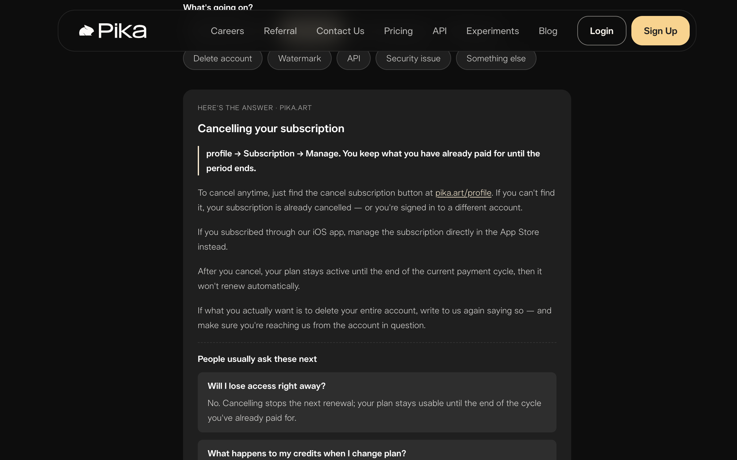 Pika's support answer on cancelling a subscription, showing the profile path and the end-of-cycle rule.