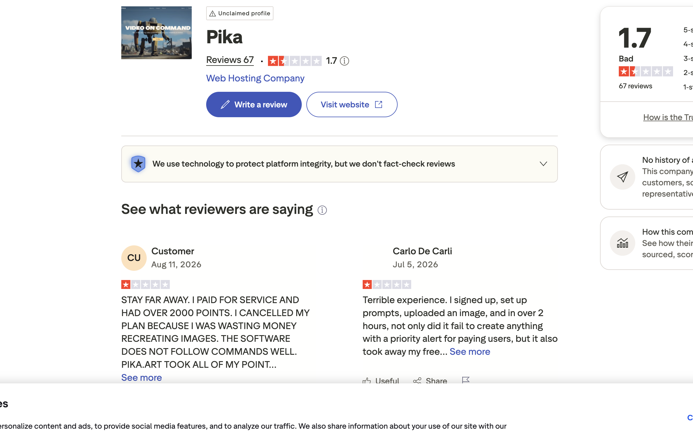 Pika's Trustpilot page showing a 1.7 score from 67 reviews, an unclaimed-profile badge, and a note that Trustpilot does not fact-check reviews.