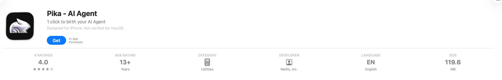 The App Store listing for Pika - AI Agent, showing the developer field reading Mellis, Inc.