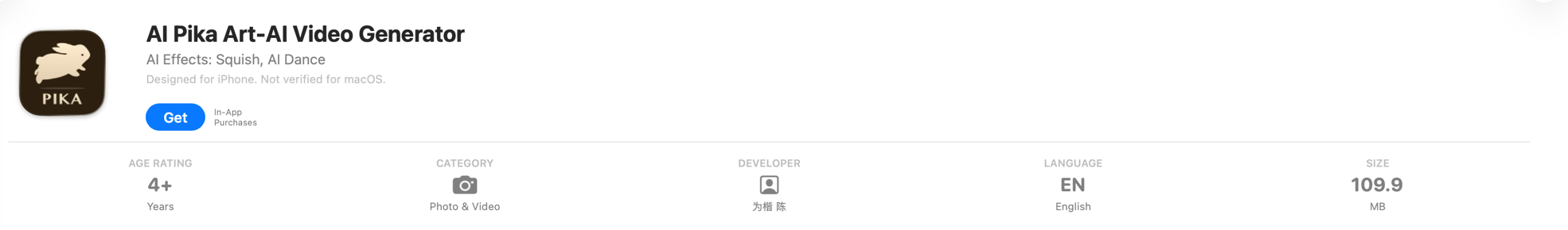 The App Store listing for AI Pika Art-AI Video Generator, whose developer field is a personal name rather than Mellis, Inc.
