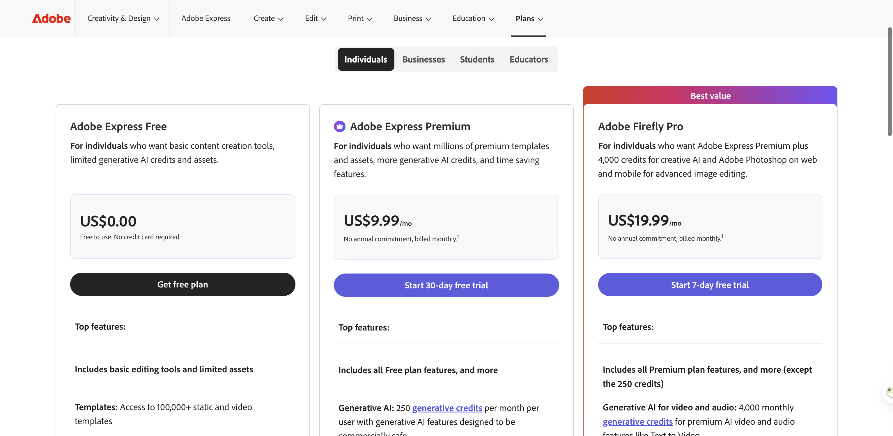 Adobe Express pricing cards for the free plan, Premium at 9.99 a month and Firefly Pro at 19.99 a month