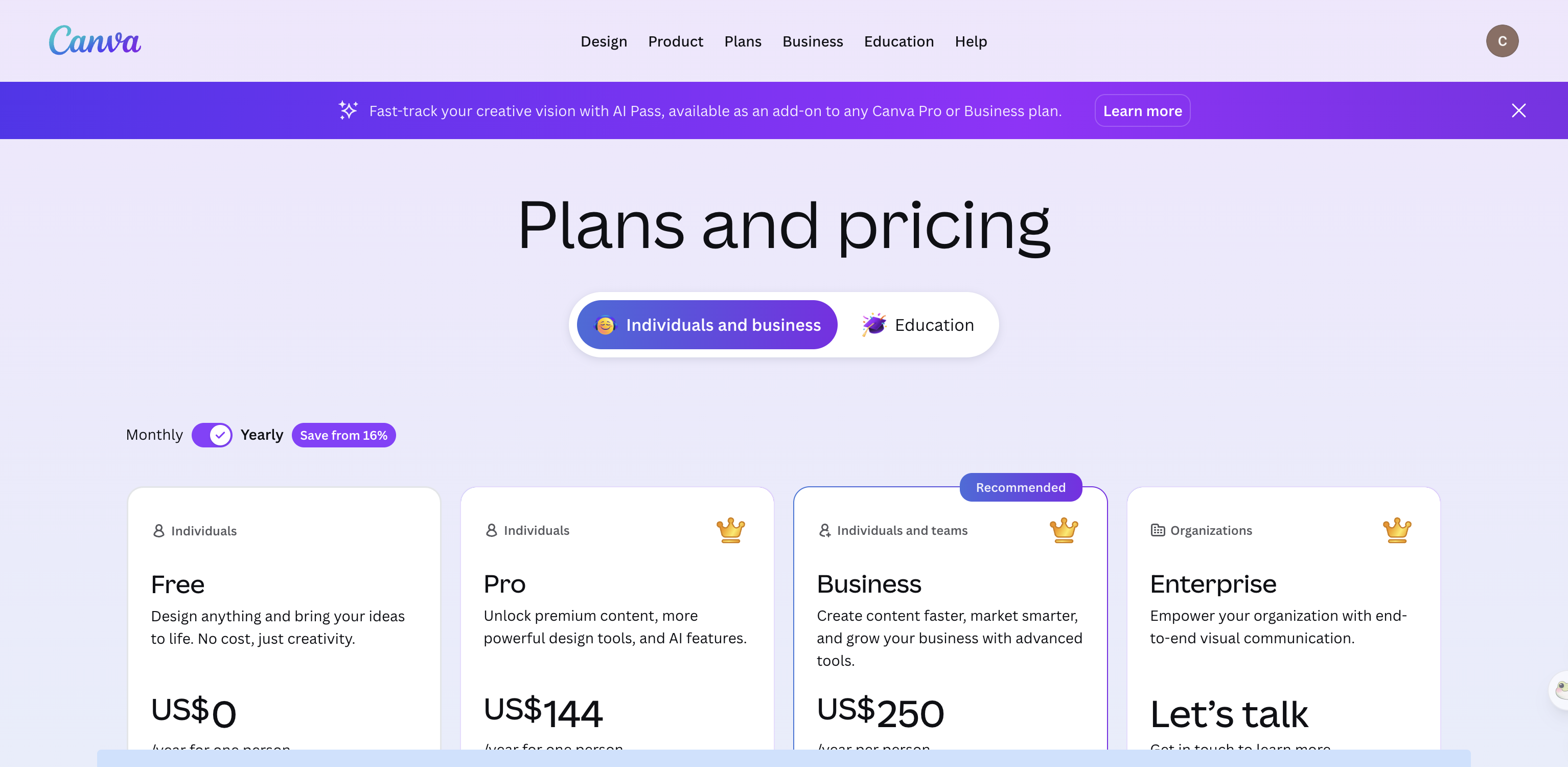 Canva's pricing page showing the free plan's AI allowance and the Pro plan at 180 US dollars a year