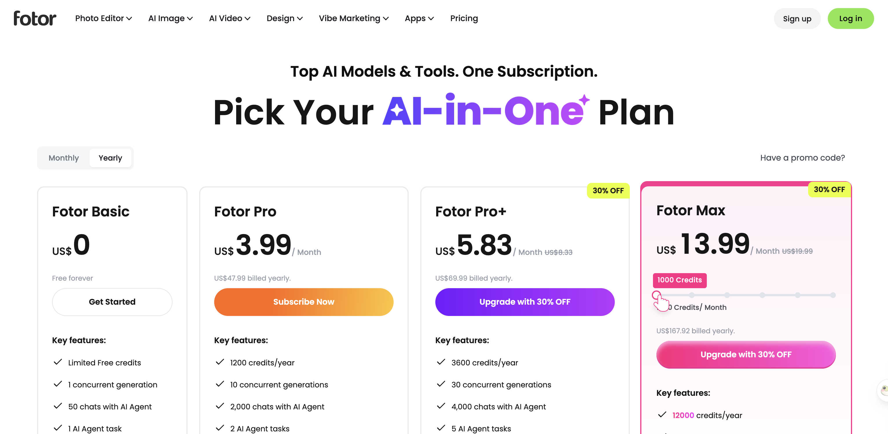 Fotor's pricing page showing the free tier with watermarked exports and the yearly Pro tiers