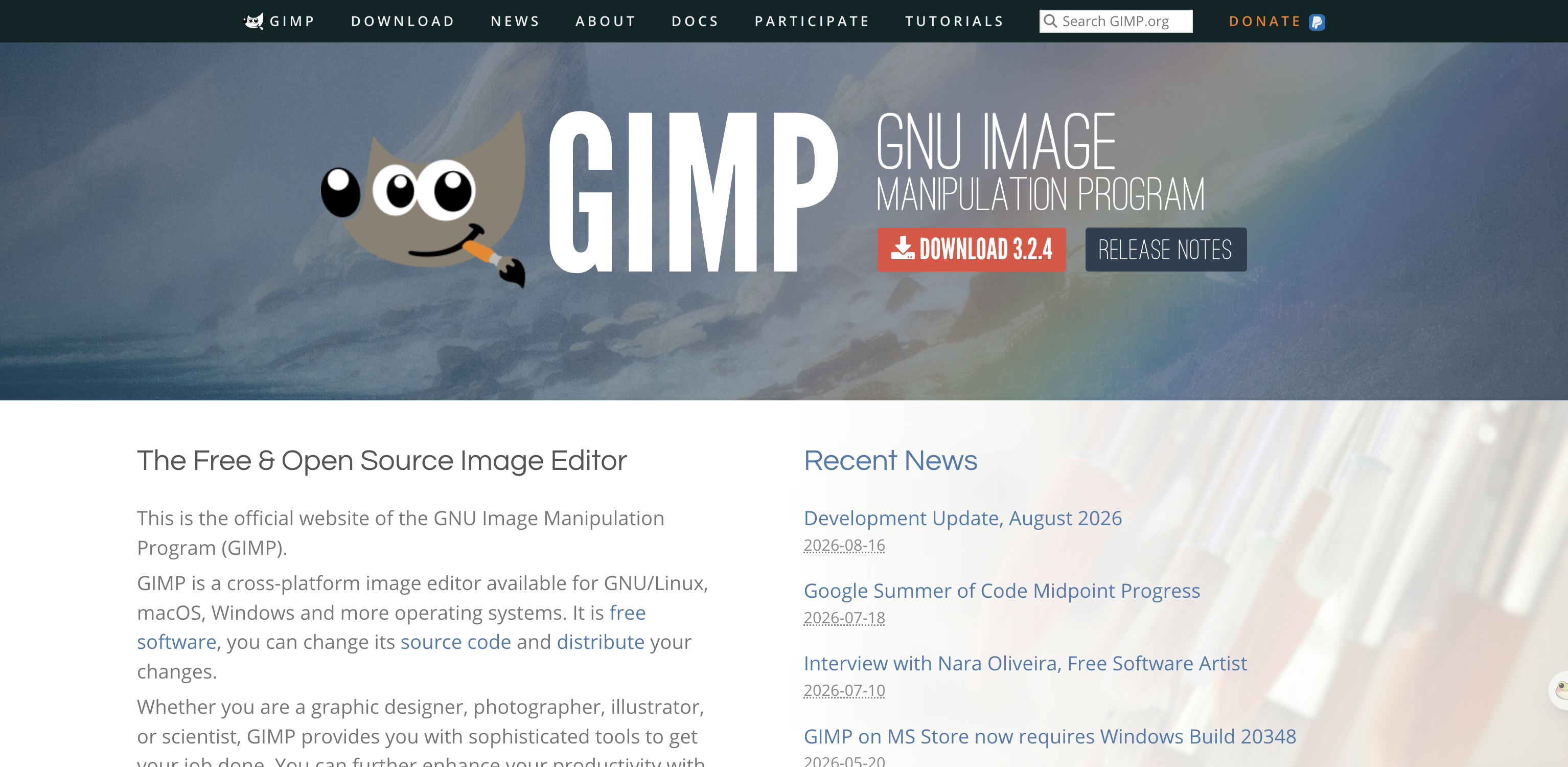 The GIMP home page for the free open-source desktop image editor