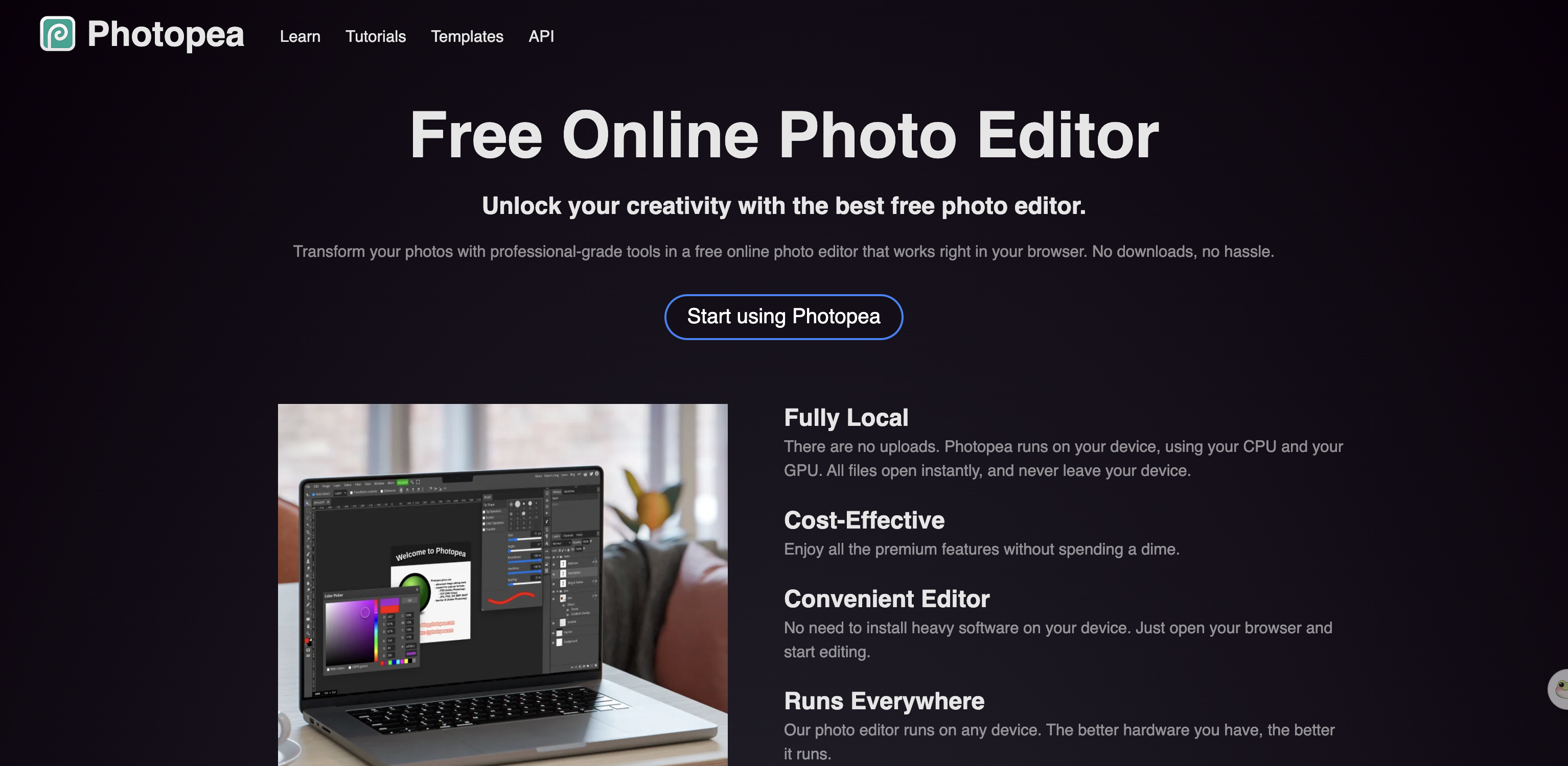 The Photopea home page describing a free browser photo editor that runs on your own device