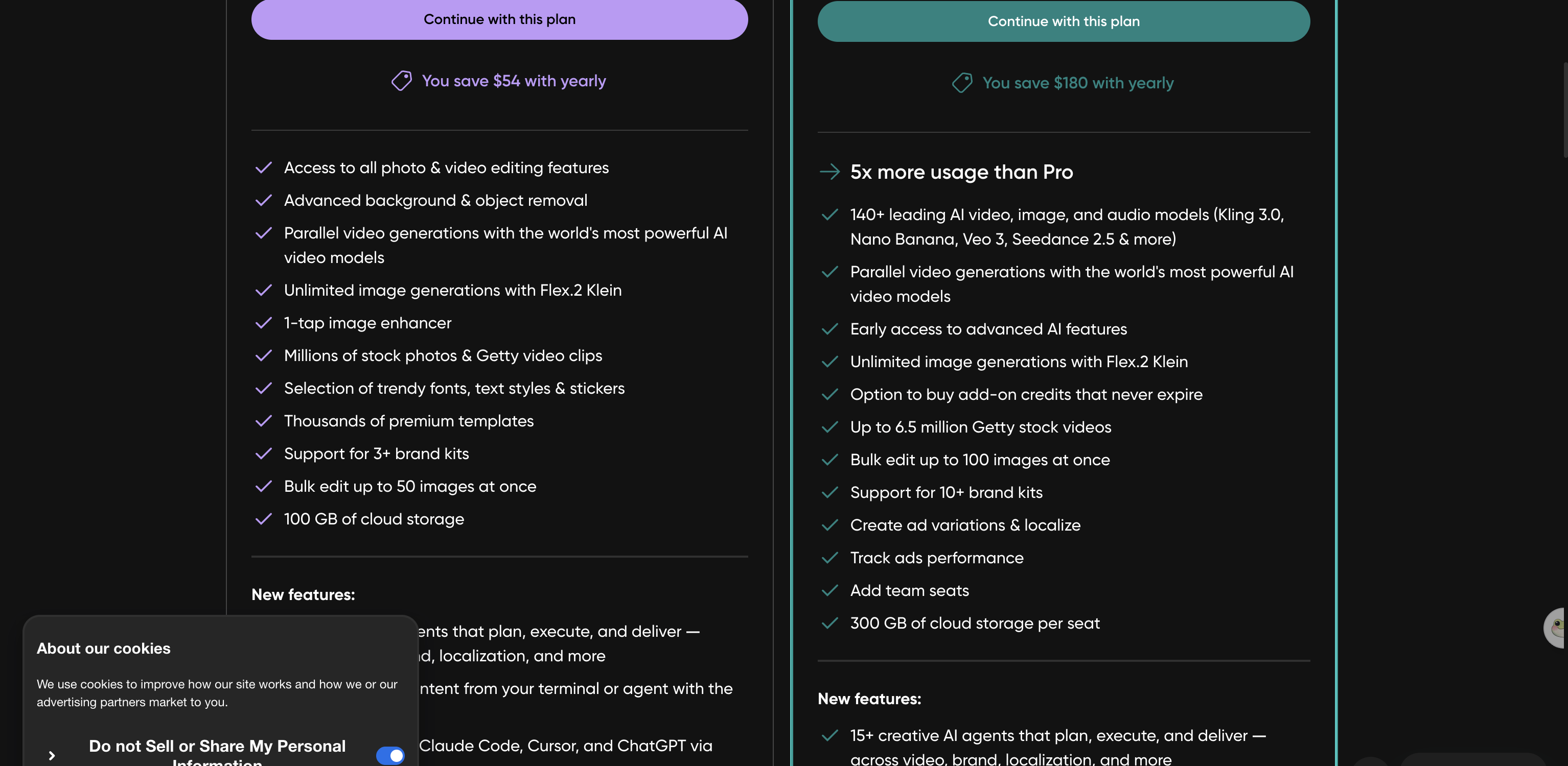 Picsart's pricing page listing Pro and Ultra plans with Seedance 2.5 and 140 plus AI models