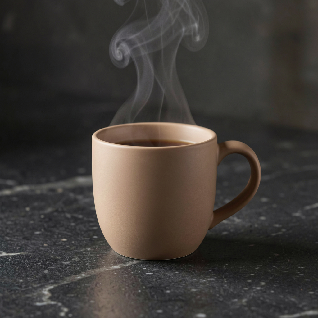 A matte ceramic coffee cup on a dark stone counter with steam rising, generated on Pixlr with FLUX.2 Klein 9B
