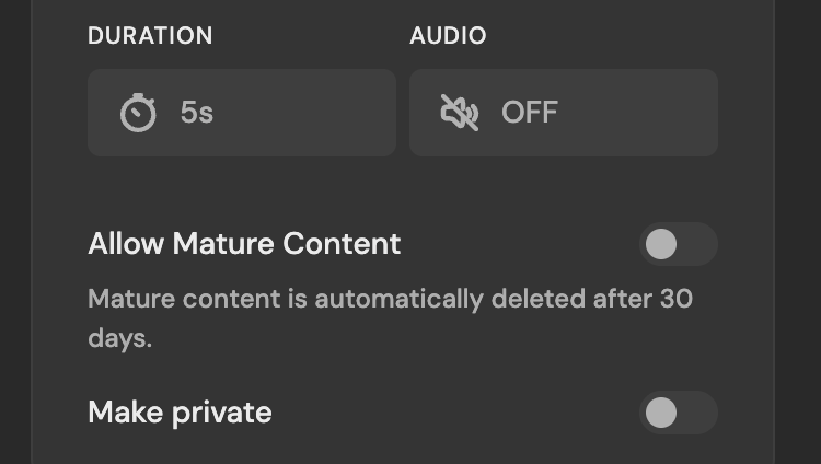Pixlr's Allow Mature Content toggle with the note that mature content is deleted after 30 days