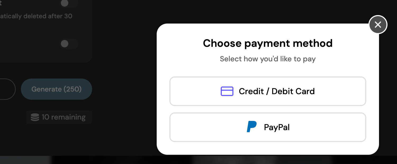 Pixlr's Generate button priced at 250 credits with ten credits remaining, and a Choose payment method box open over it
