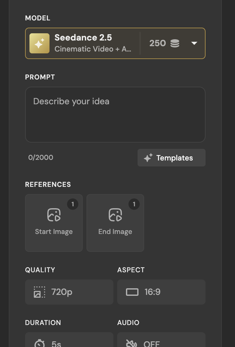 Pixlr's settings panel with Seedance 2.5 picked, showing a 2000-character prompt box, start and end image slots, 720p and a 5-second clip