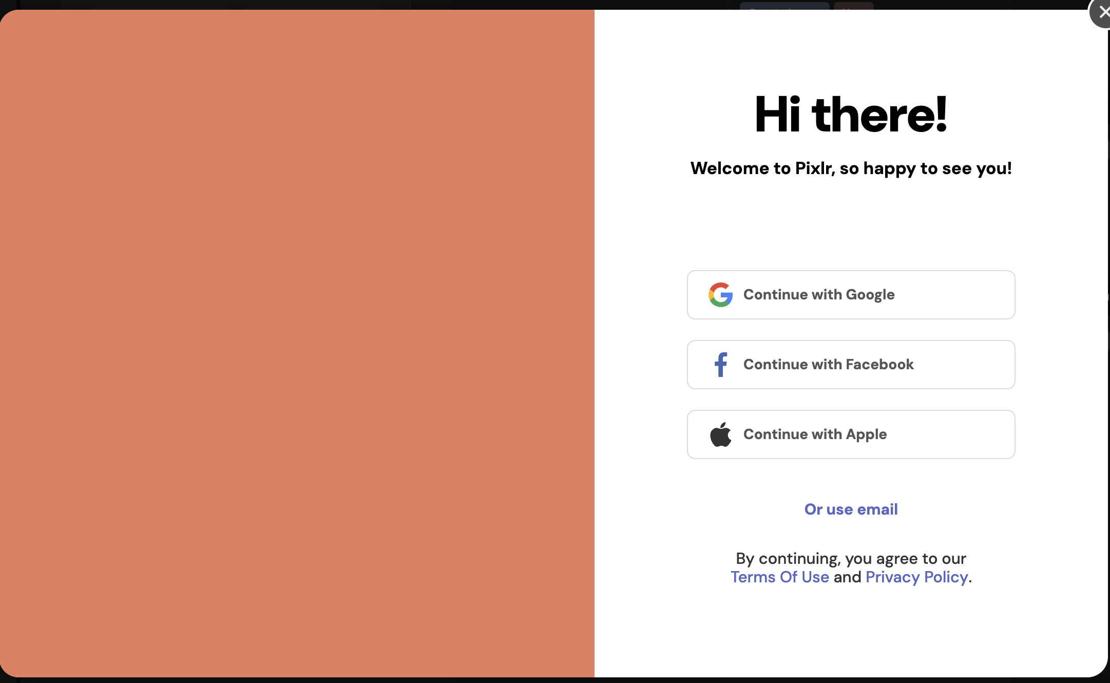 Pixlr's sign-up box covering the image generator after pressing Generate, offering Google, Facebook, Apple or email