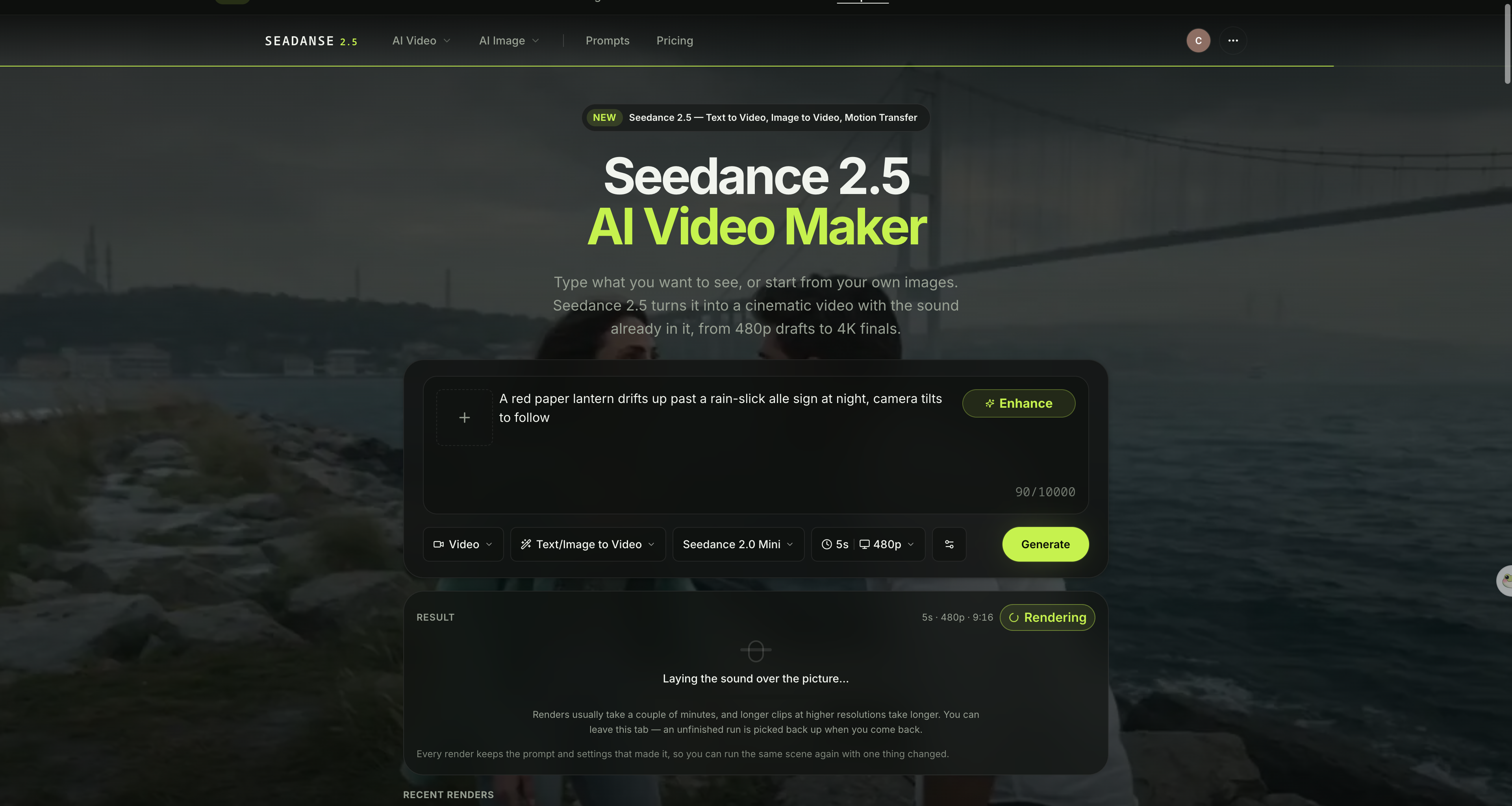 The Seedance 2.5 AI Video Maker generator on Seadanse, with the prompt box, model picker, duration and resolution controls in the browser.