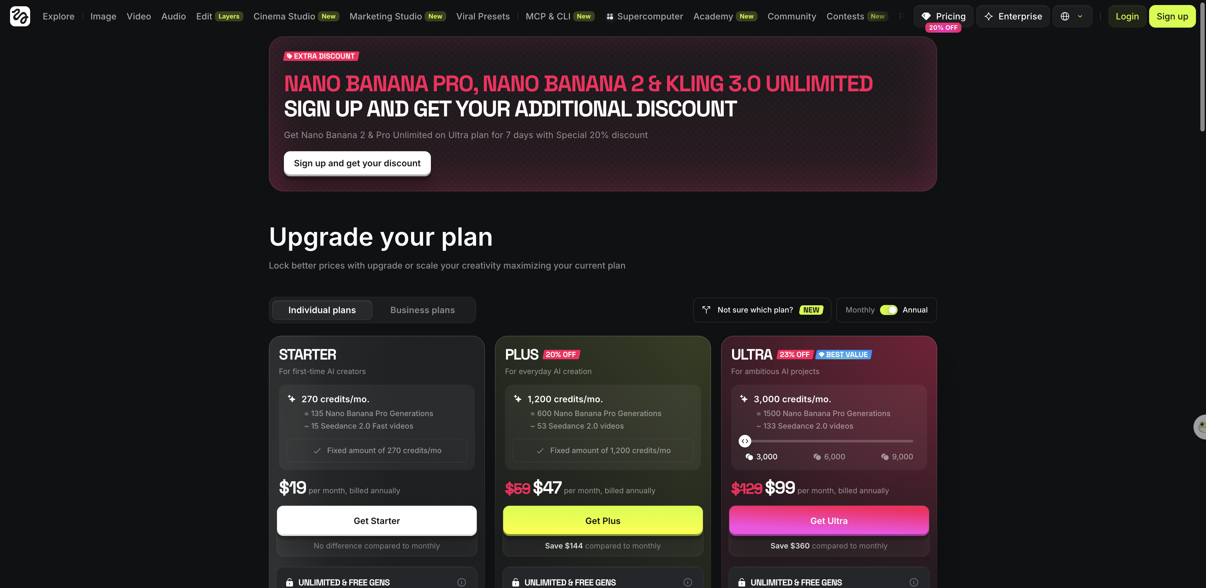 Higgsfield's pricing page showing the Starter, Plus and Ultra plans with their monthly credits and unlimited promotion banner.