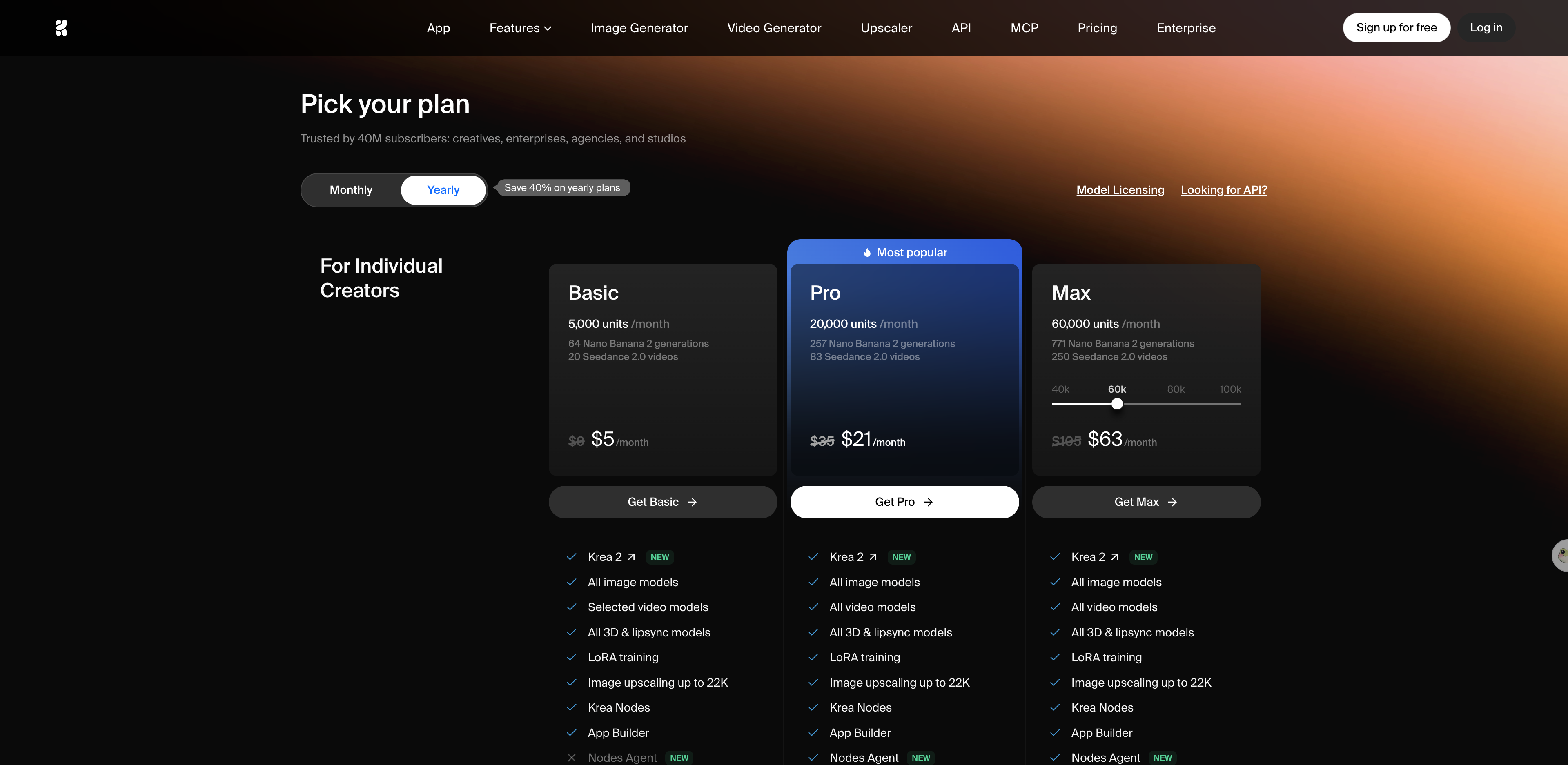 Krea's pricing page showing the Basic, Pro and Max plans with monthly compute units and the number of Seedance 2.0 videos each buys.