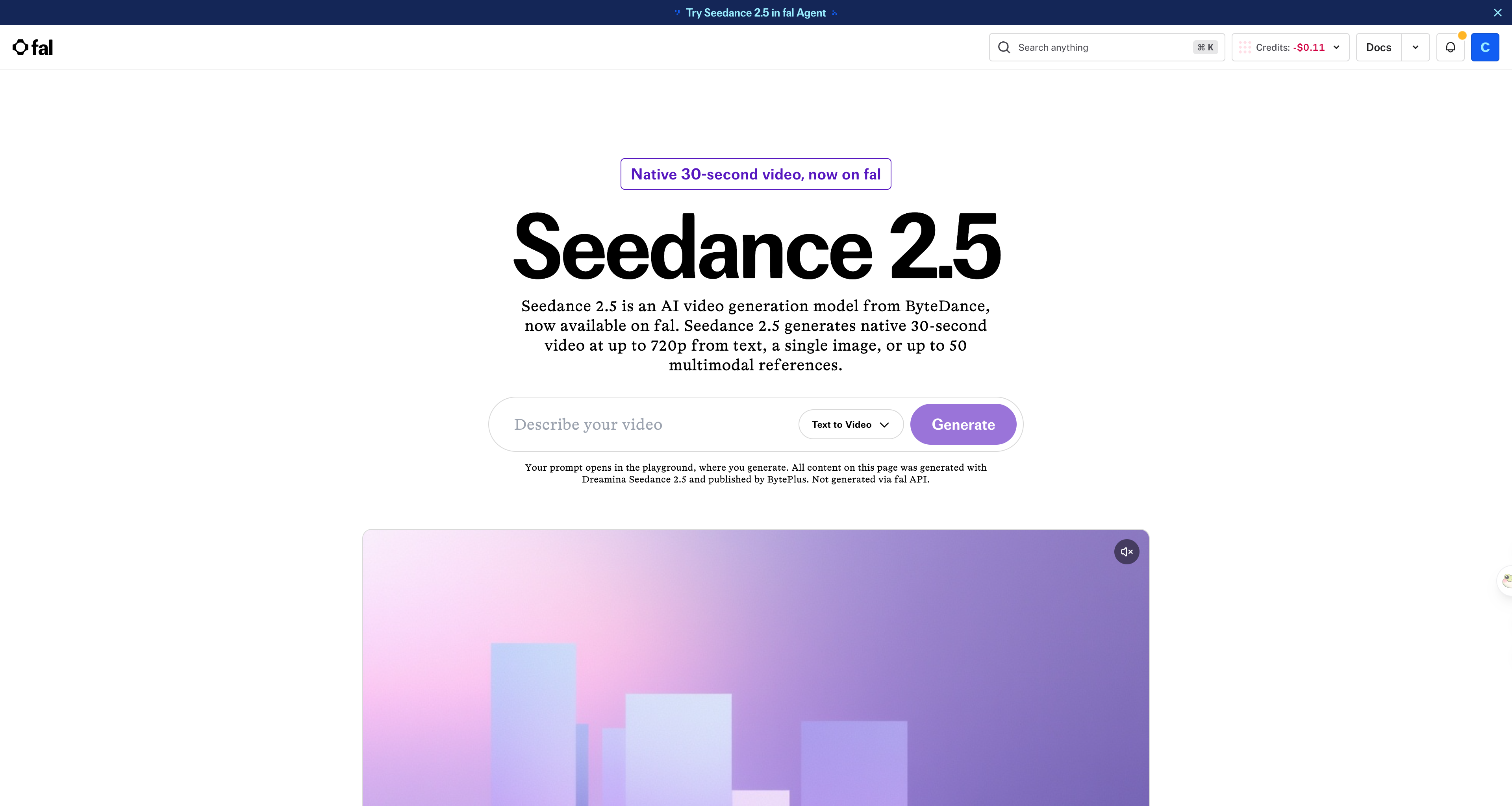 fal's Seedance 2.5 page describing native 30-second video at up to 720p from text, an image or up to 50 references.