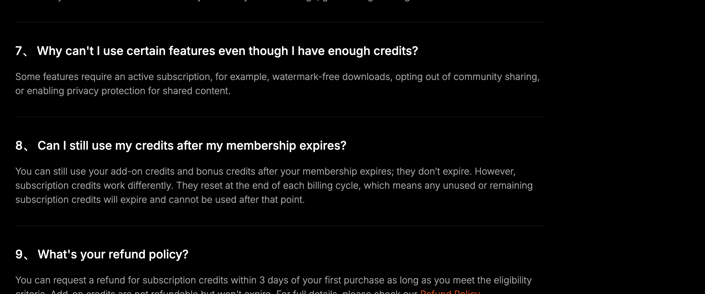 Pollo AI's credits FAQ answering why some features need an active subscription, including watermark-free downloads.