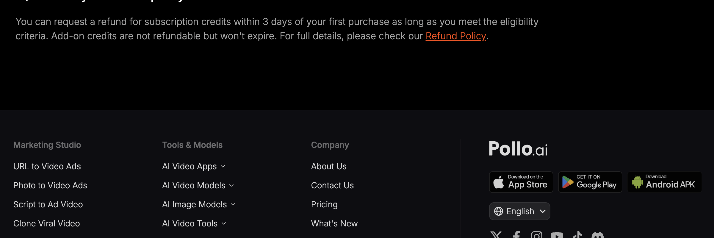 Pollo AI's refund policy answer: subscription credits refundable within 3 days of a first payment, add-on credits not refundable.