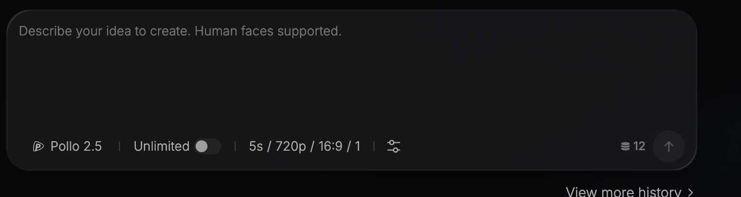 Pollo AI's text-to-video composer showing the Pollo 2.5 model chip, an Unlimited switch, settings reading 5s / 720p / 16:9 / 1, and a price of 12 credits.