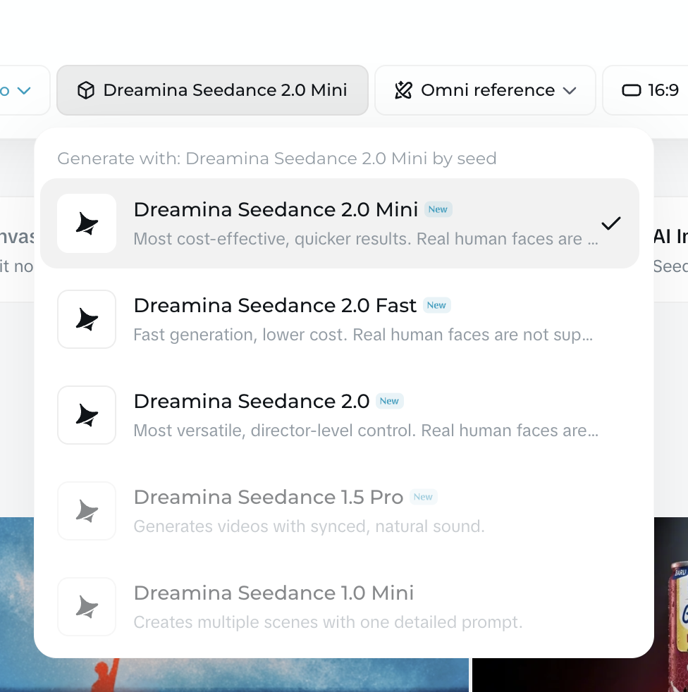 Dreamina's main video generator model list, showing Seedance 2.0 Mini, 2.0 Fast, 2.0, 1.5 Pro and 1.0 Mini, with no Seedance 2.5 entry