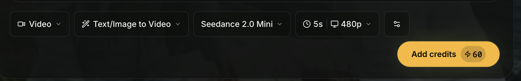 The Seadanse composer toolbar showing the model, length and resolution chips with the credit cost shown on the button before the clip starts