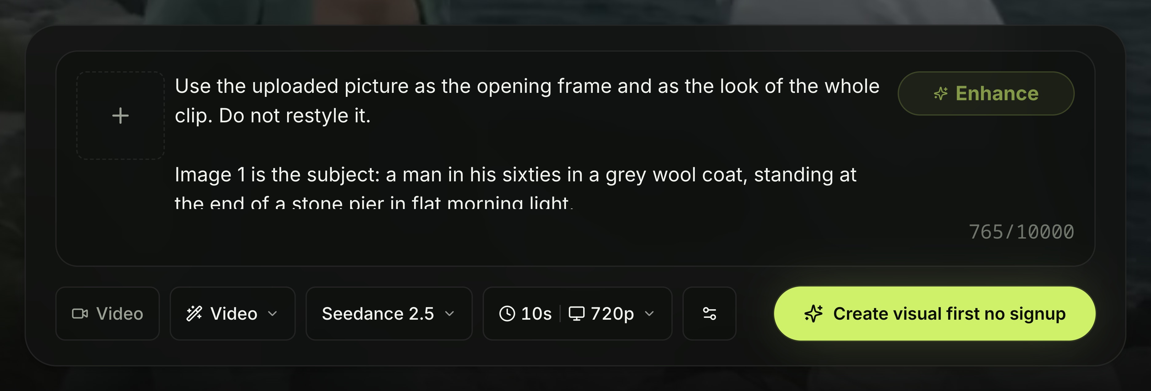 The Seadanse composer with a prompt pasted in, the character counter reading 765 of 10,000, and the parameter pill set to 10s and 720p
