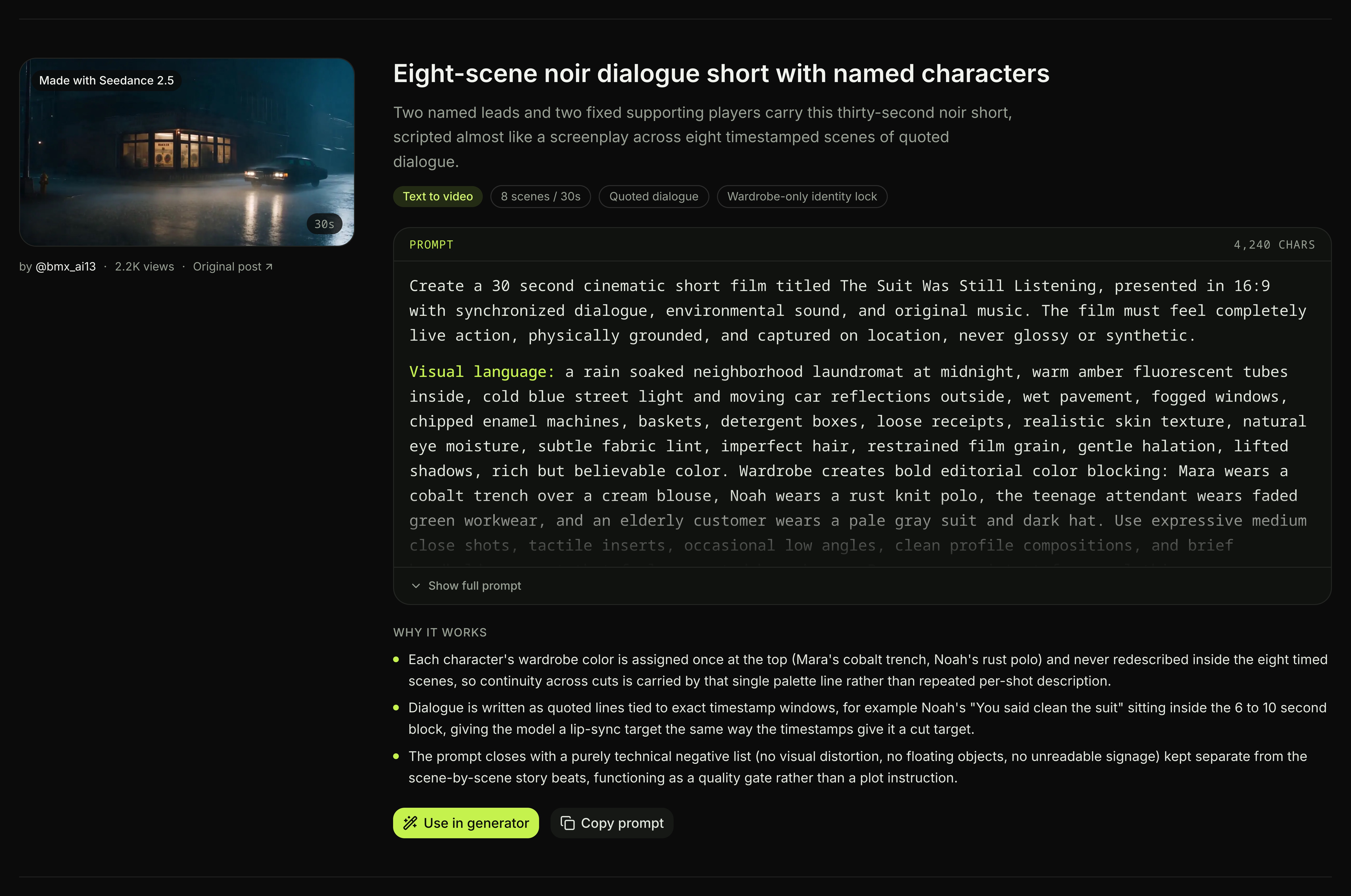 A card in the Seedance prompt library showing the clip, the creator credit, the full prompt text and the Copy prompt button