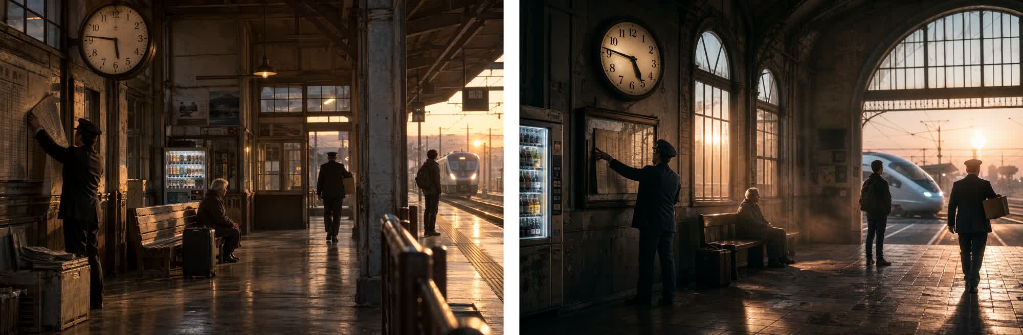 Same prompt on two models: a sunlit station hall generated by luna-lisa-alpha on the left and by GPT Image 2 on the right