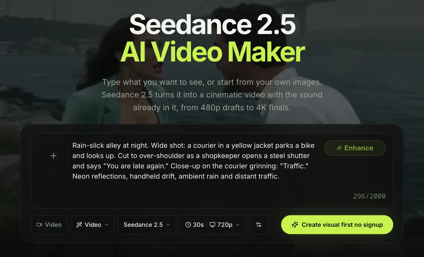 Seadanse generator with the Seedance 2.5 preset selected, a three-shot prompt typed in, and 30s 720p set in the parameter pill