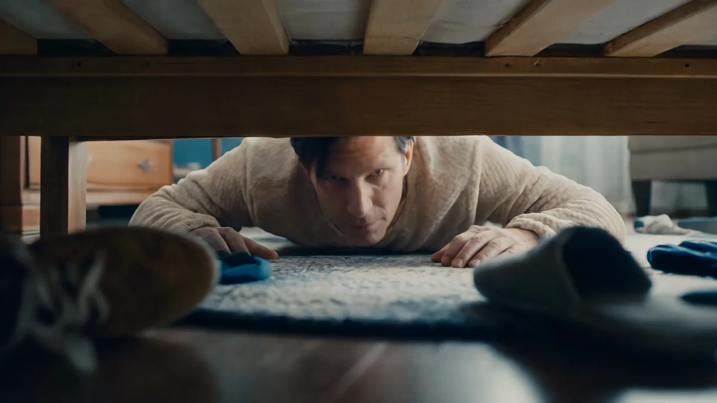 Frame from The Missing Pair, the Seedance 2.5 launch short: a man peers under a bed looking for a lost sock