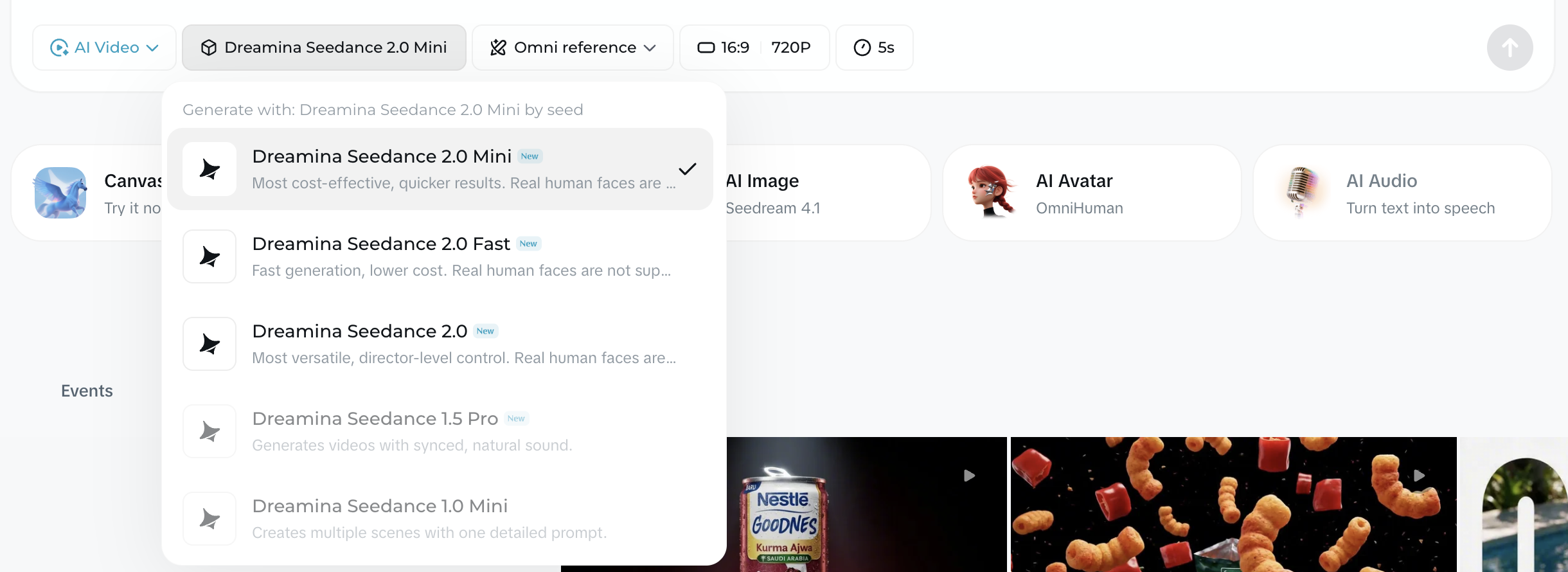 Dreamina's main video generator with the model list open, showing five models — Seedance 2.0 Mini, 2.0 Fast, 2.0, 1.5 Pro and 1.0 Mini — and no Seedance 2.5