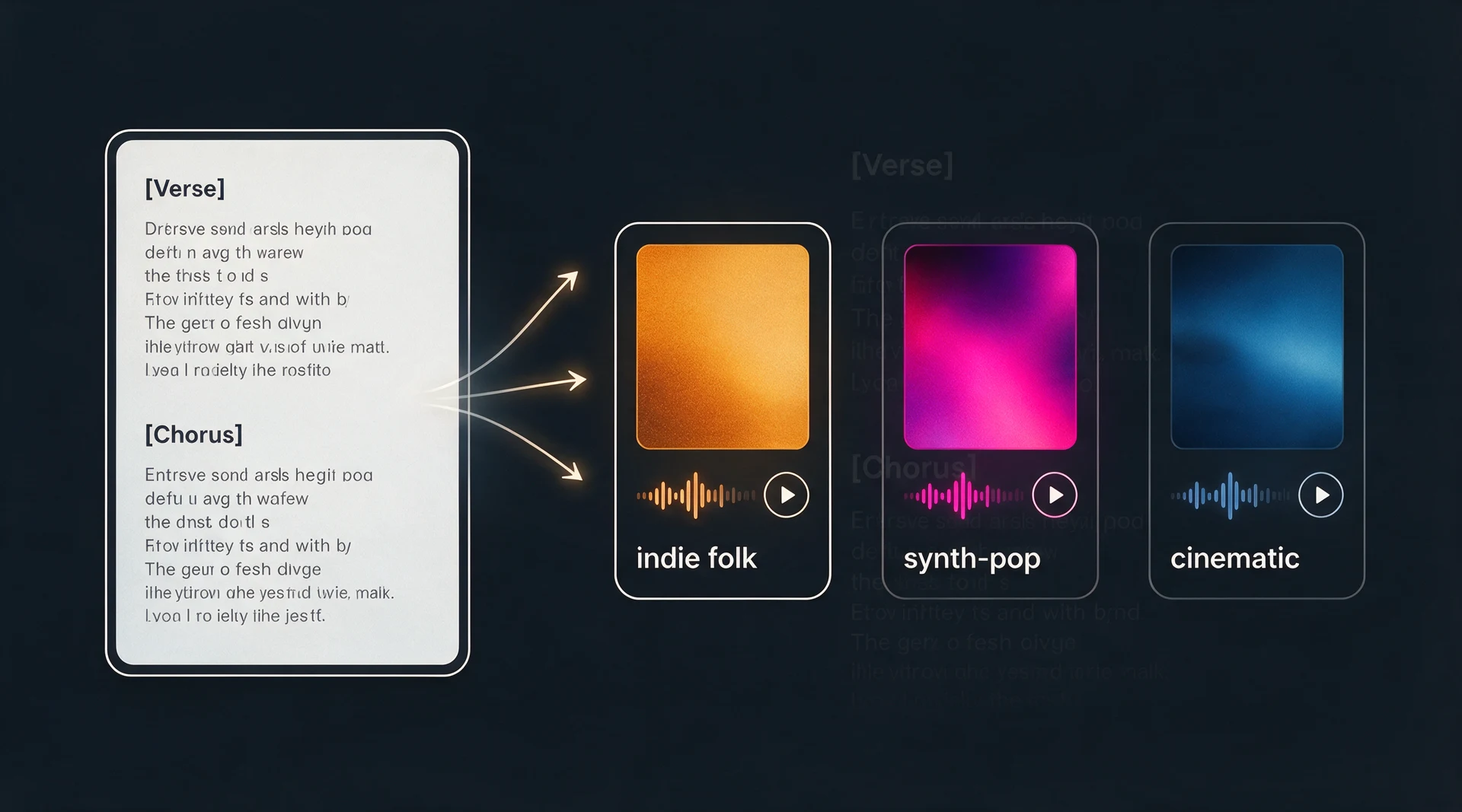 Illustration of one lyric sheet with Verse and Chorus tags feeding three result cards labelled indie folk, synth-pop and cinematic, each with its own cover art, waveform and play button.
