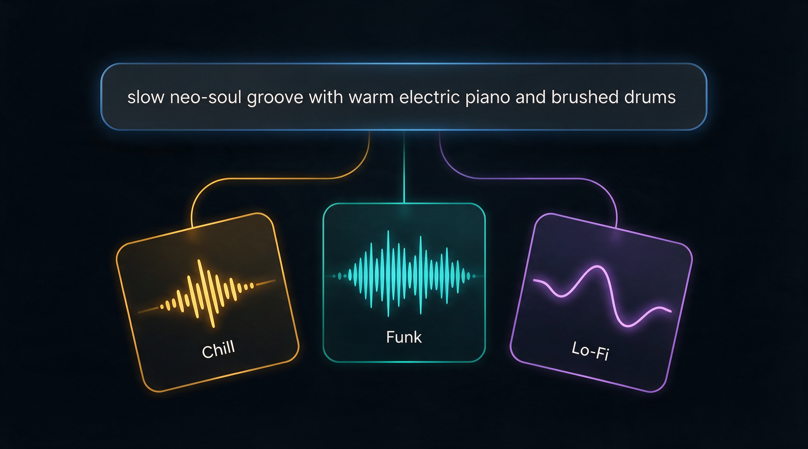 A single style description input fanning out into three differently shaped waveform cards, showing that one written style line steers genre, mood and instrumentation.
