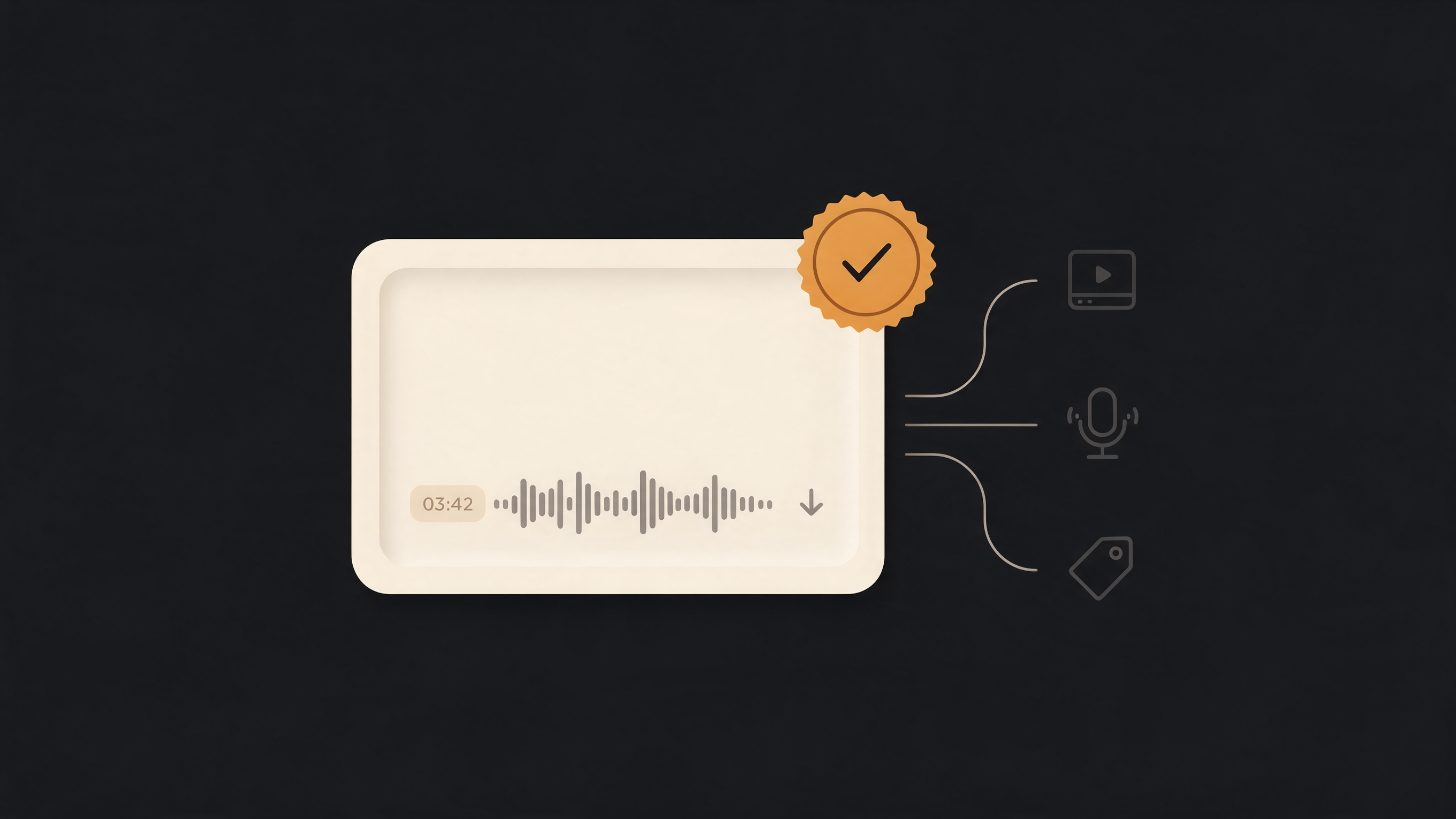 A downloadable audio file card carrying a stamped commercial-use seal, with connector lines running out to a video frame, a podcast microphone and a price tag.