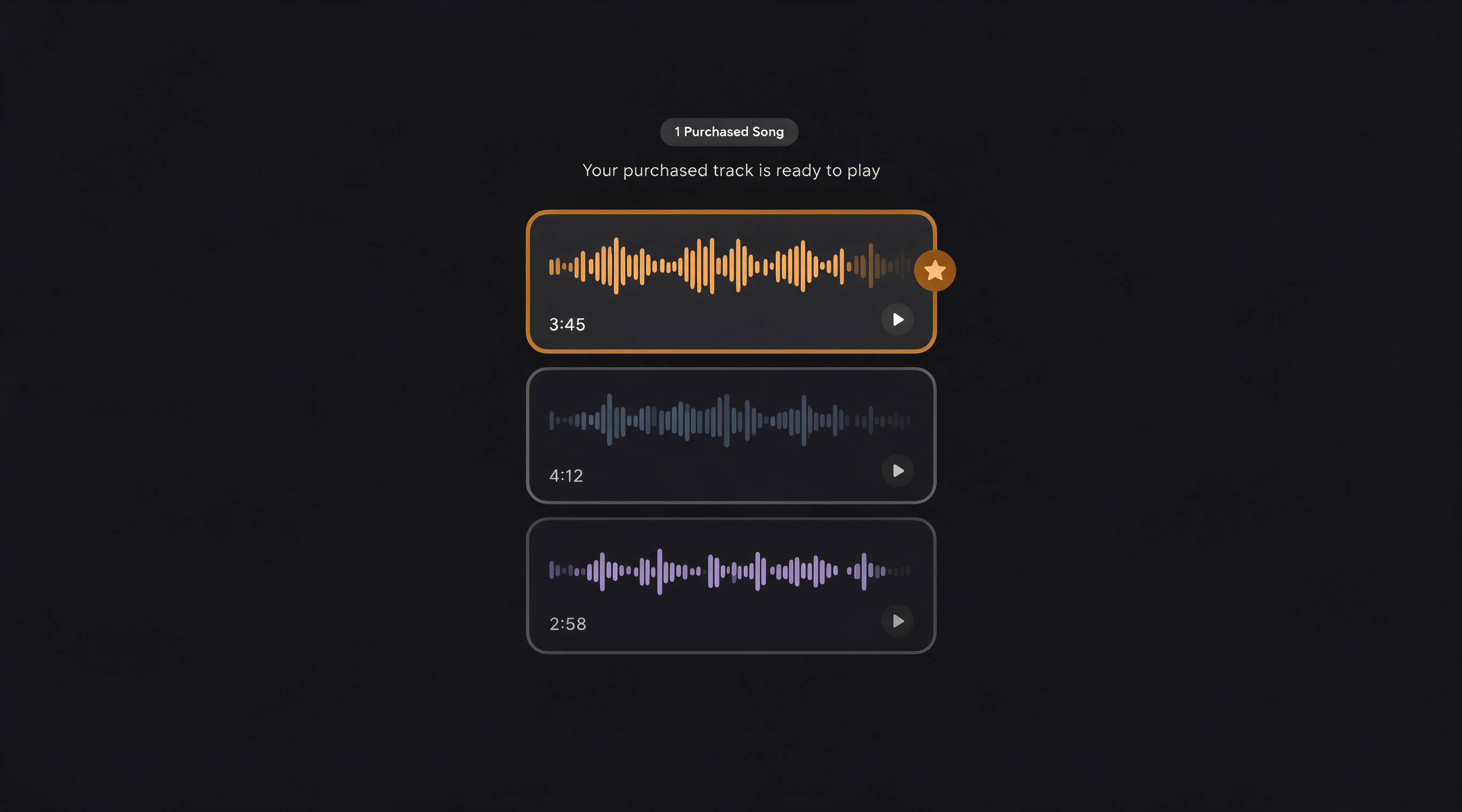 Three stacked result cards with visibly different waveforms, the top one highlighted with a star badge, showing a listener picking a winning take after a single purchase.